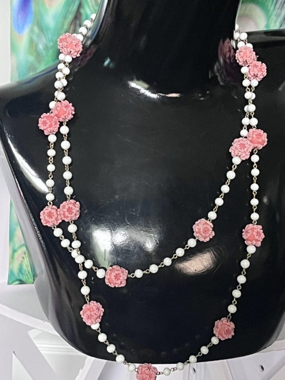 Unbranded Size 27” Layered Beaded Necklace with Pink Floral Accents